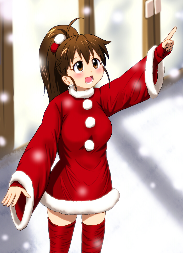 ahoge breasts brown_eyes brown_hair diesel-turbo dress large_breasts long_hair open_mouth pointing ponytail santa_costume smile snow solo taneshima_popura thighhighs working!! zettai_ryouiki