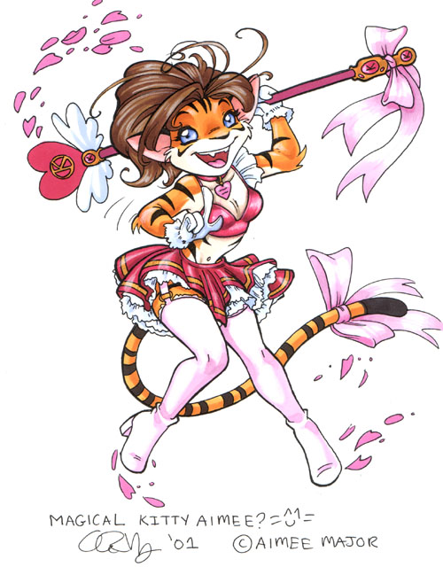 &hearts; aimee aimee_major card_captor_sakura cleavage feline female gloves polearm ribbons skirt solo staff stockings tiger