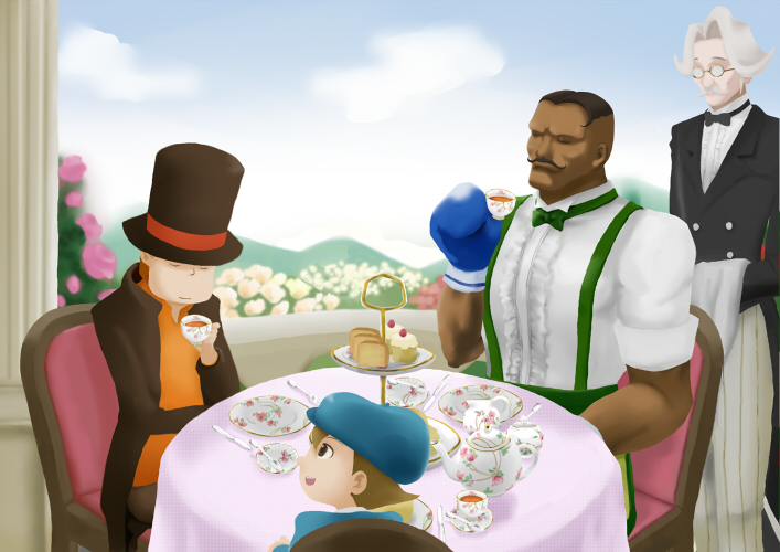 bow bowtie boxing_gloves closed_eyes commentary_request creamer_(vessel) crossover cup dark_skin dark_skinned_male dawn520 dudley facial_hair glasses hat hershel_layton luke_triton mountain multiple_boys mustache pastry professor_layton short_hair sitting street_fighter street_fighter_iii_(series) table tea tea_party teacup tiered_tray top_hat tuxedo