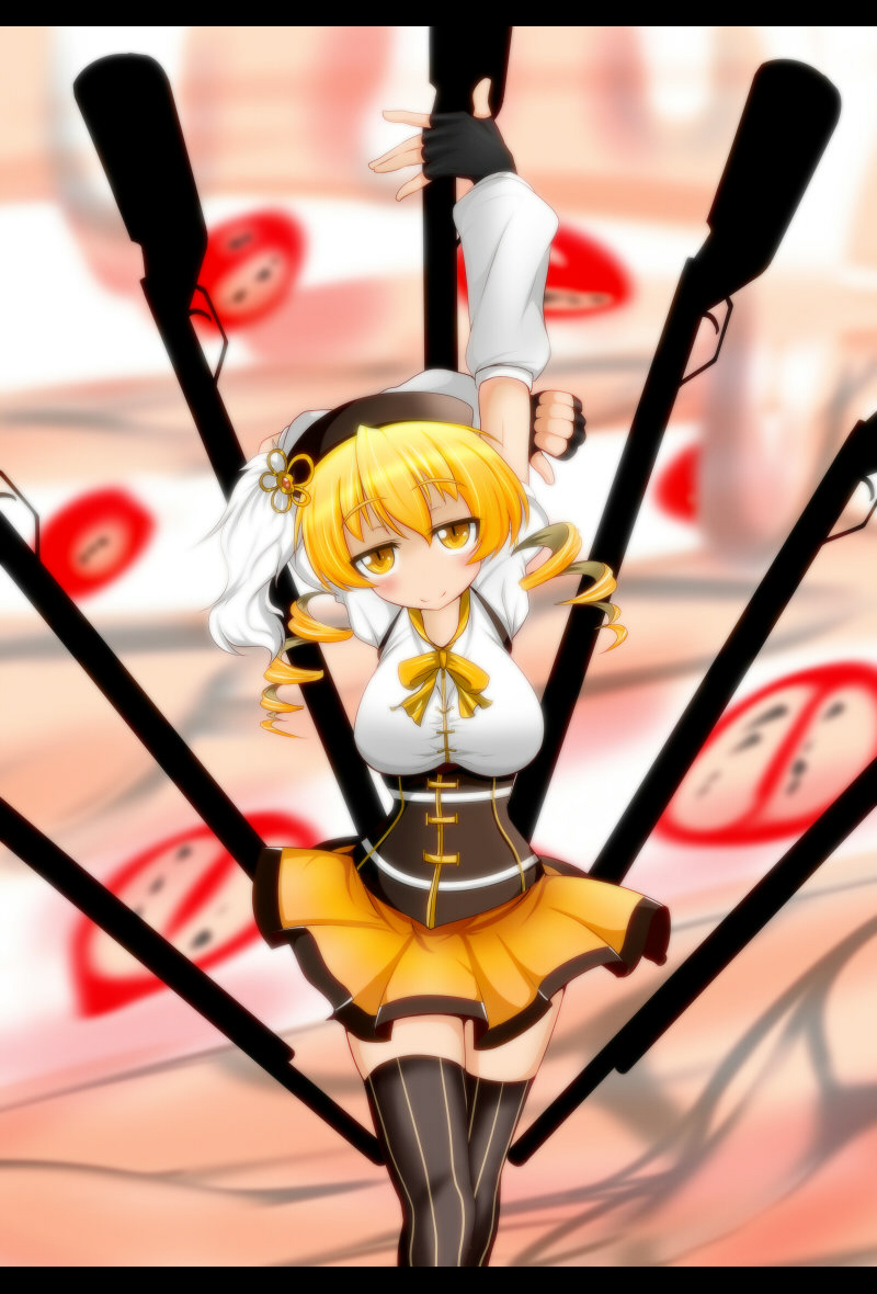 bad_id bad_pixiv_id beret blonde_hair breasts brown_legwear crossed_legs detached_sleeves drill_hair eijsvl fingerless_gloves gloves gun hair_ornament hairpin hat large_breasts letterboxed magical_girl magical_musket mahou_shoujo_madoka_magica no_nose pleated_skirt puffy_sleeves ribbon rifle shirt skirt smile solo standing striped striped_legwear taut_clothes taut_shirt thighhighs tomoe_mami twin_drills twintails vertical-striped_legwear vertical_stripes weapon witch's_labyrinth yellow_eyes zettai_ryouiki