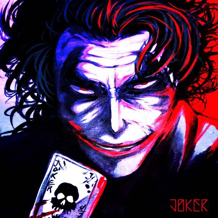 banned_artist batman_(series) blue card clown dc_comics glasgow_smile grin holding holding_card makeup male_focus red red_eyes s_tanly skull smile solo the_dark_knight the_joker