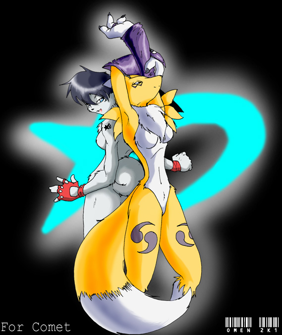 0r0ch1 2001 back_to_back black_hair blue_eyes bokko breasts canine chest_tuft couple digimon female fingerless_gloves fox grey hair looking_at_viewer markings renamon short_black_hair short_hair standing stretching tail yellow