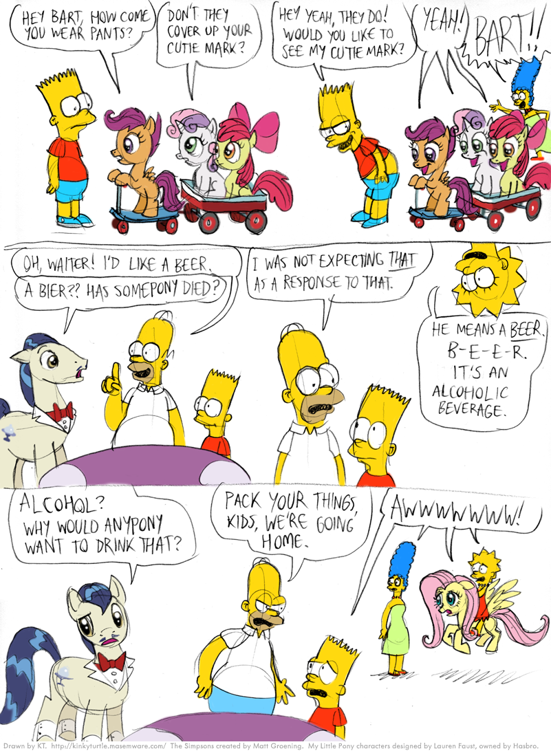bald bart_simpson blue_hair comic cutie_mark cutie_mark_crusaders_(mlp) dialog english_text equine female feral fluttershy_(mlp) flying friendship_is_magic group hair homer_simpson horn horse lisa_simpson male mammal mooning my_little_pony no_beer pegasus pink_hair plain_background pony purple_hair red_hair scootaloo_(mlp) scooter sweetie_belle_(mlp) text the_simpsons timothy_fay two_tone_hair unicorn wagon white_background wings yellow_body