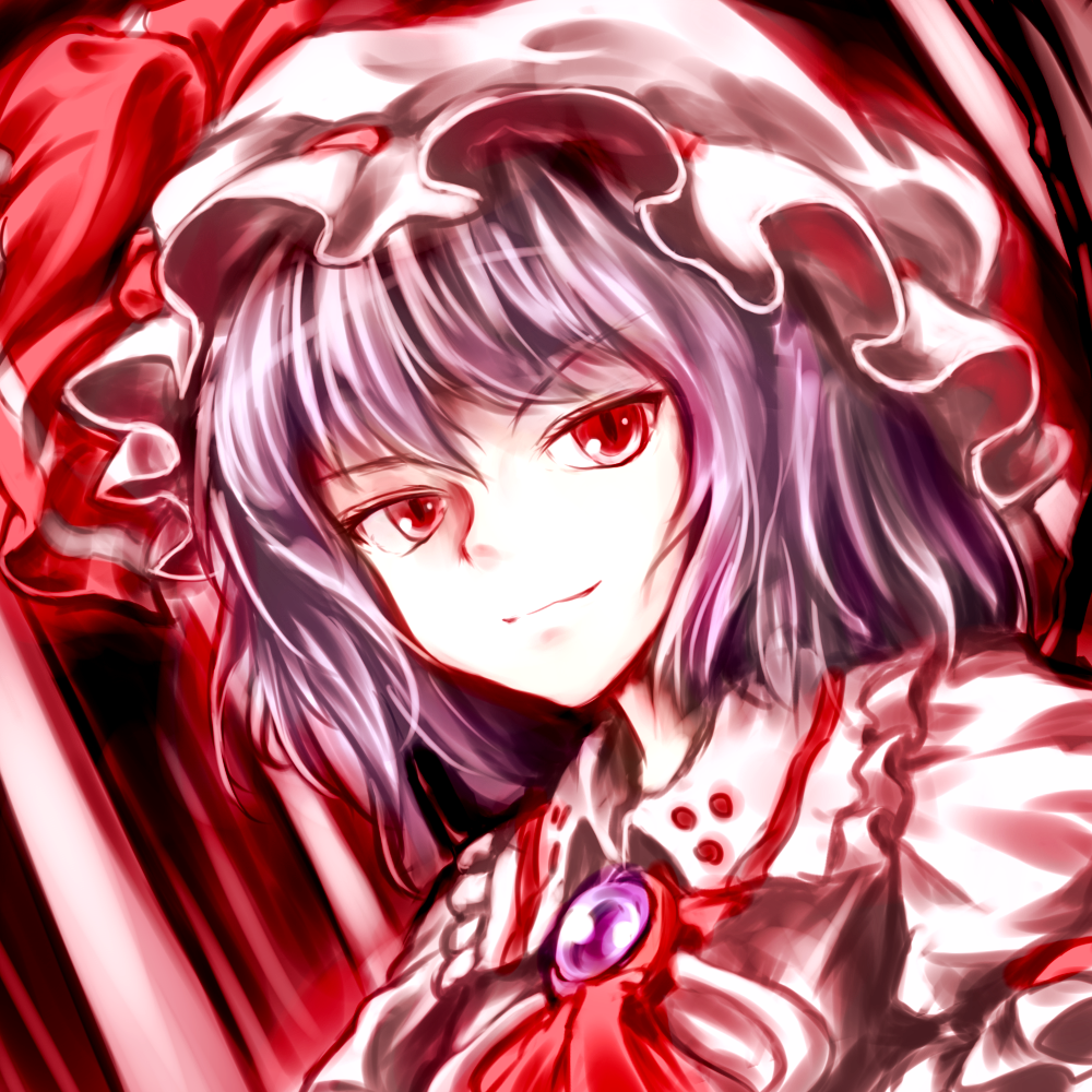 ascot bad_id bad_pixiv_id bow brooch face hat hat_ribbon jewelry minust purple_hair red_eyes remilia_scarlet ribbon short_hair slit_pupils smile solo touhou