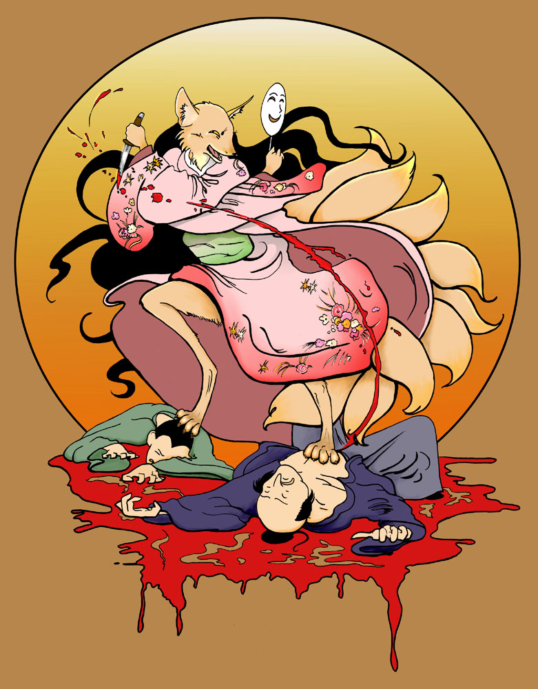 blood canine dagger demon female fox human japan kill kitsune mask multiple_tails natalie_goodridge tail tamamo-no-mae