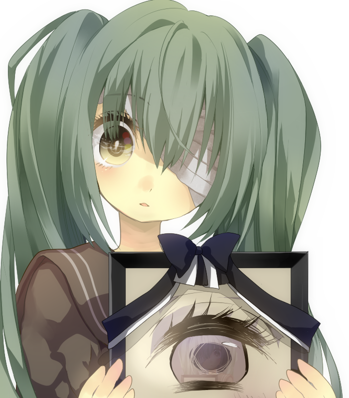 bad_id bad_pixiv_id bandage_over_one_eye bandages green_hair hatsune_miku head_tilt iei long_hair paranato photo_(object) simple_background solo twintails vocaloid