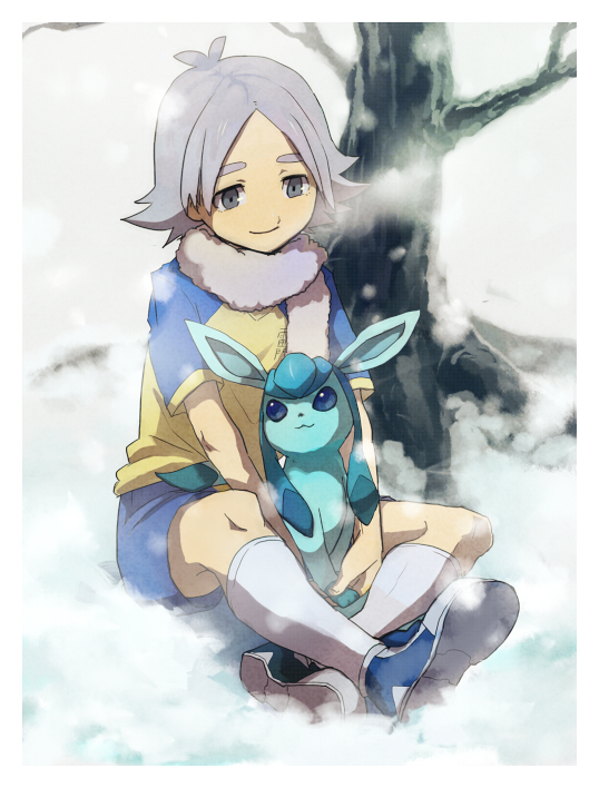 ahoge blue_eyes crossover fubuki_shirou gen_4_pokemon glaceon inazuma_eleven inazuma_eleven_(series) male_focus menma222 pokemon pokemon_(creature) scarf sitting smile snow tree