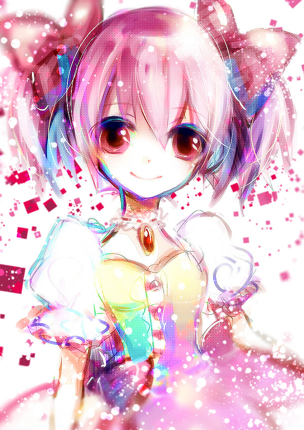 bad_id bad_pixiv_id bow hair_bow kaname_madoka magical_girl mahou_shoujo_madoka_magica pink_eyes pink_hair sazanami_shione short_hair smile solo twintails