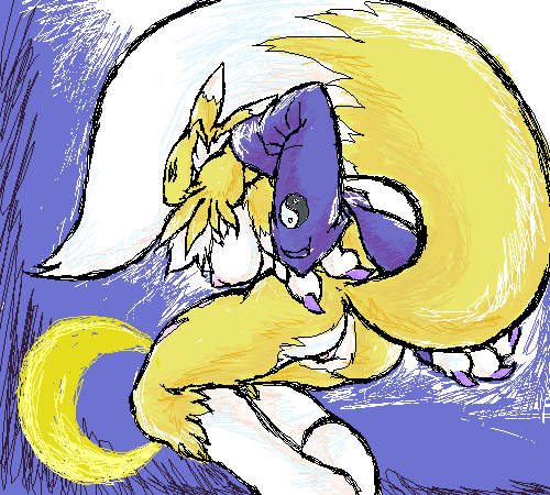 canine crescent_moon crouching digimon female fox mutabouru renamon solo