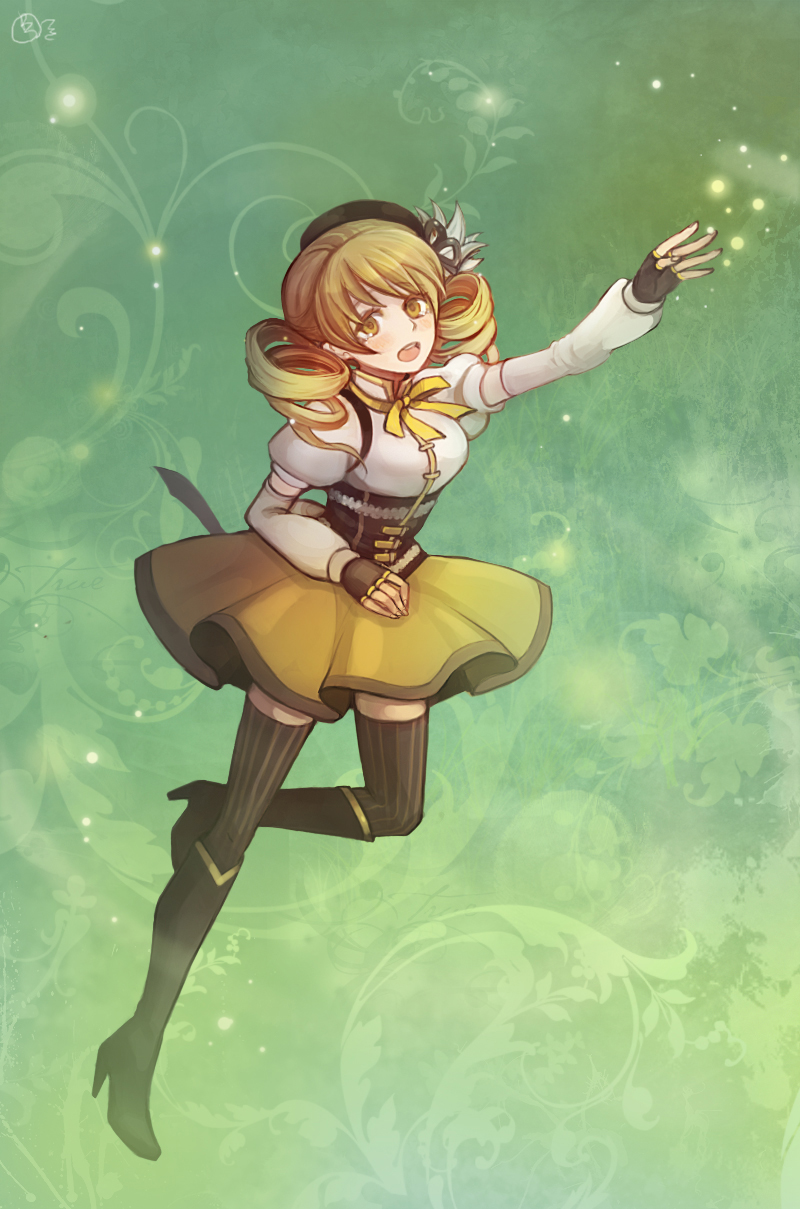 bad_id bad_pixiv_id beret blonde_hair boots boring_(brtgm) detached_sleeves drill_hair fingerless_gloves gloves hat highres light_smile magical_girl mahou_shoujo_madoka_magica open_mouth outstretched_arm puffy_sleeves reaching solo thighhighs tomoe_mami yellow_eyes zettai_ryouiki