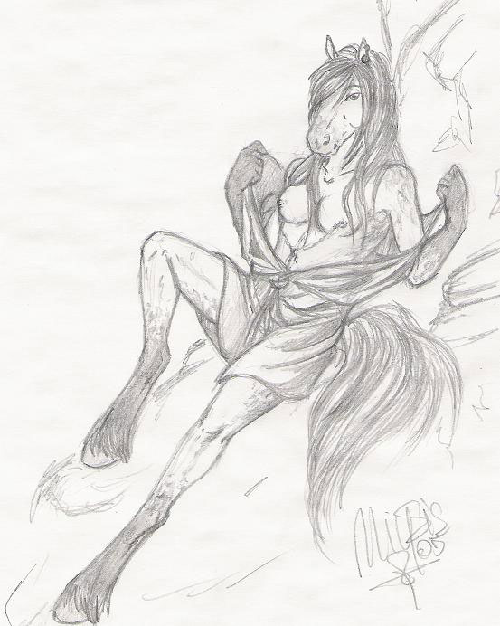 equine female hooves horse hot_spring japanese_clothing kimono miysis piercing sketch solo topless undressing