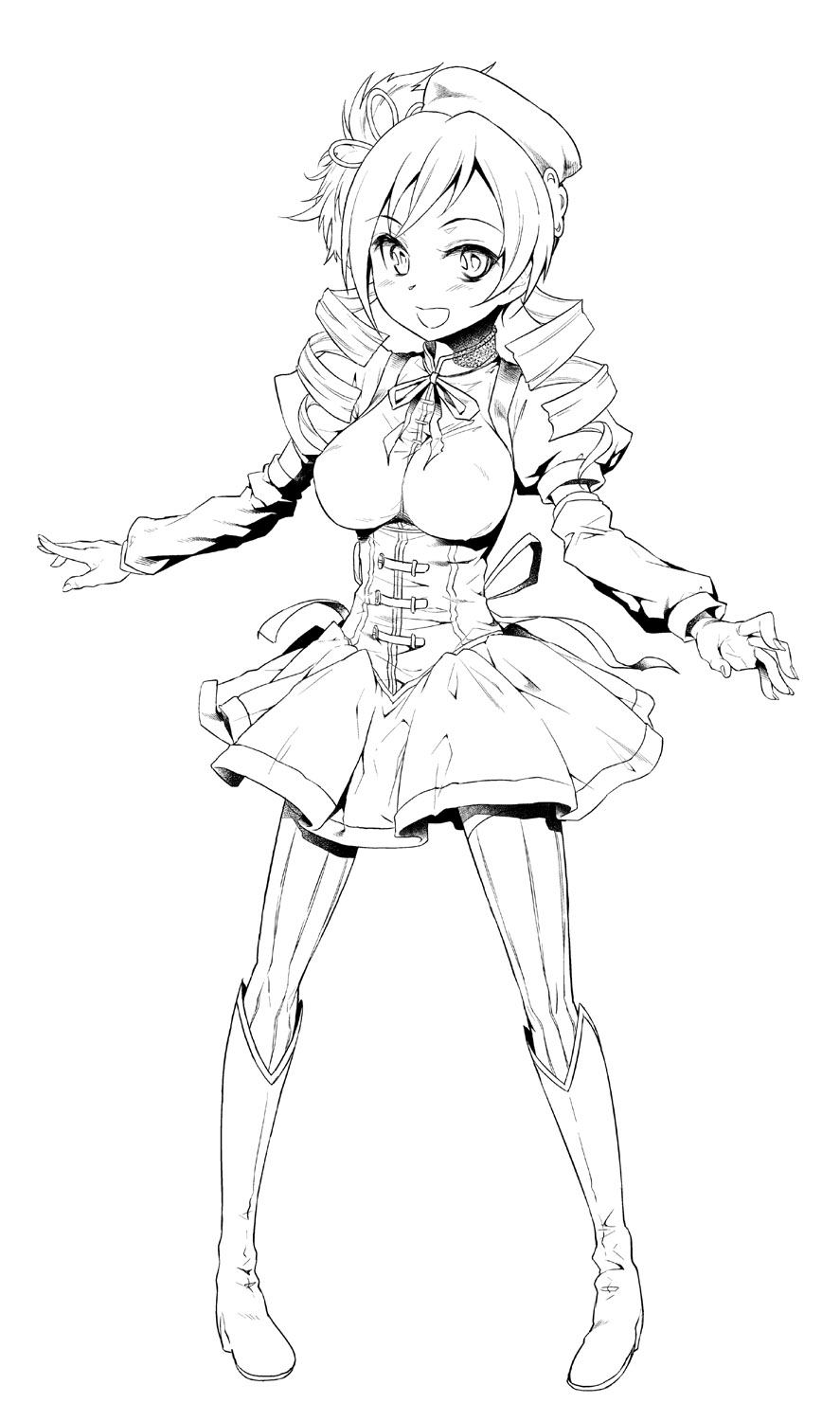 akihazama bad_id bad_pixiv_id blush boots breasts detached_sleeves drill_hair greyscale hat highres knee_boots large_breasts lineart long_hair mahou_shoujo_madoka_magica monochrome skirt solo thighhighs tomoe_mami twin_drills twintails