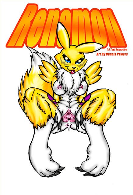 anus breasts canine chest_tuft clitoris cute dennis_pawers digimon digitigrade female fox presenting pussy pussy_juice renamon sitting solo spread_legs spreading tongue wide_hips