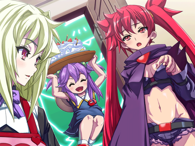 apron arcana_heart arcana_heart_3 blonde_hair breasts eko_(arcana_heart) flat_chest kaz_(arcana_heart) long_hair medium_breasts multiple_girls open_mouth purple_hair red_eyes red_hair scharlachrot short_twintails twintails weiss