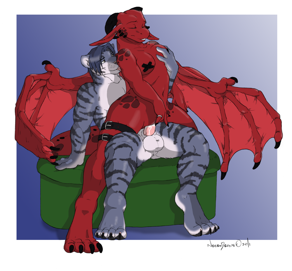balls breasts chair_position cum dragon feline female interspecies licking male mammal marik necrodrone necrodrone_(character) nipple_tape on_top penetration red_dragon scalie sex straight tiger tongue vaginal vaginal_penetration wings