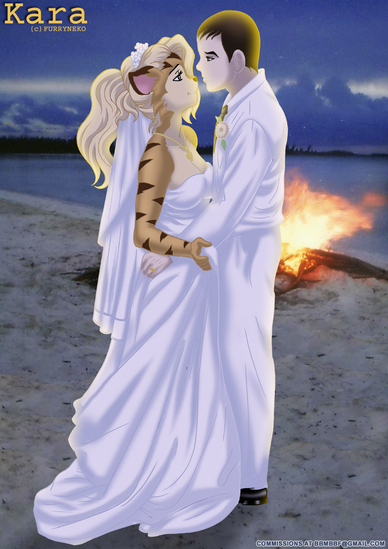 bbmbbf beach bride couple feline female fire furryneko groom human kara male night seaside tiger wedding_dress