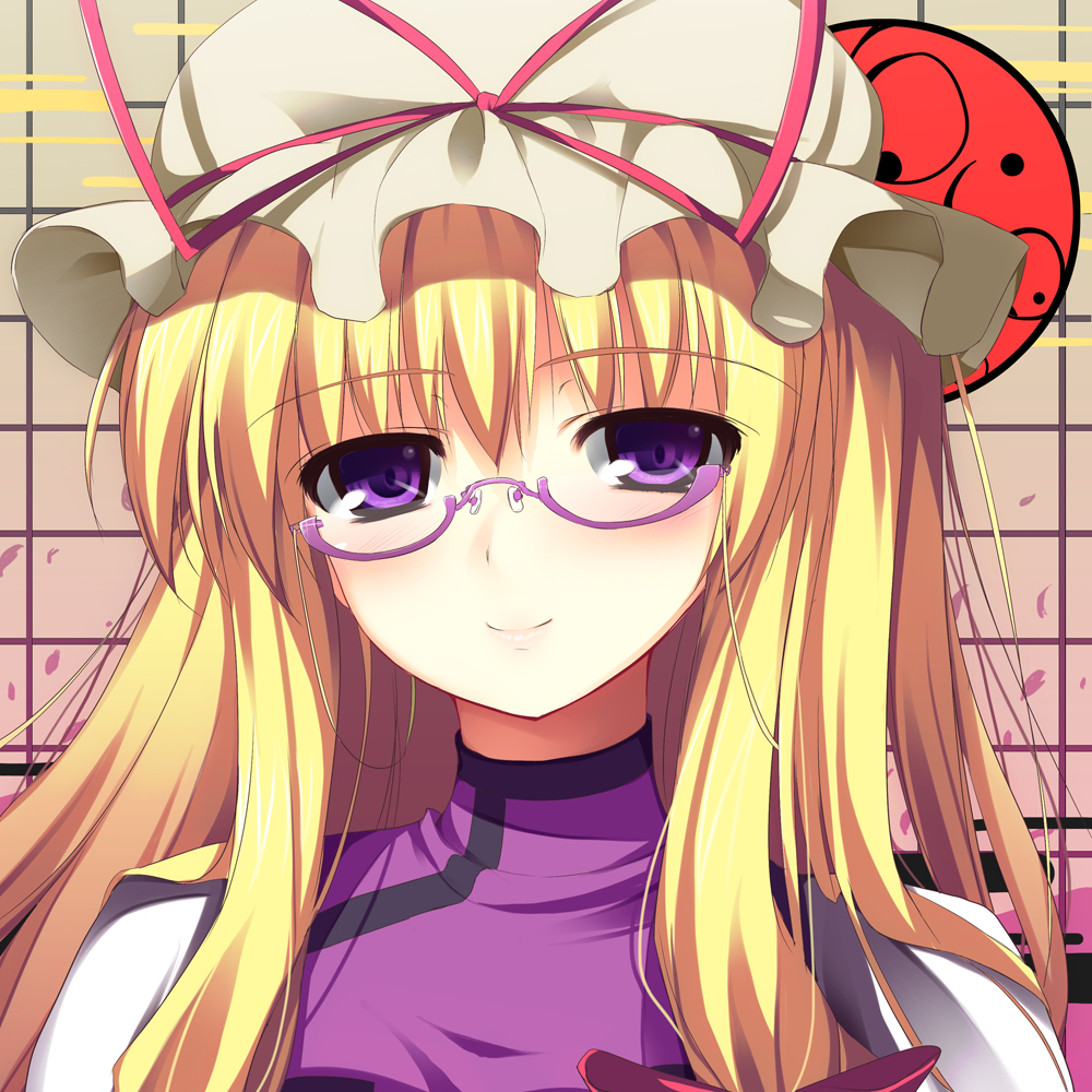 bad_id bad_pixiv_id banned_artist bespectacled blonde_hair face glasses hat lips long_hair purple_eyes shikano_sumiaki solo touhou yakumo_yukari