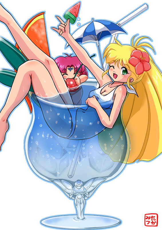 ;d ^_^ ahoge bare_arms bare_legs barefoot bikini blonde_hair blue_hawaii breasts cherry cleavage closed_eyes cocktail_umbrella cup drink drinking_straw eating facial_mark flower food fruit full_body ginga_ojou-sama_densetsu_yuna glass green_eyes hair_flower hair_ornament happy hibiscus in_container in_cup kagurazaka_yuna leg_up long_hair looking_at_viewer medium_breasts minigirl multiple_girls oborogumo_takamitsu one_eye_closed open_mouth orange orange_slice popsicle red_hair short_hair signature simple_background smile swimsuit tropical_drink umbrella watermelon watermelon_bar white_background white_bikini white_swimsuit yuri_cube