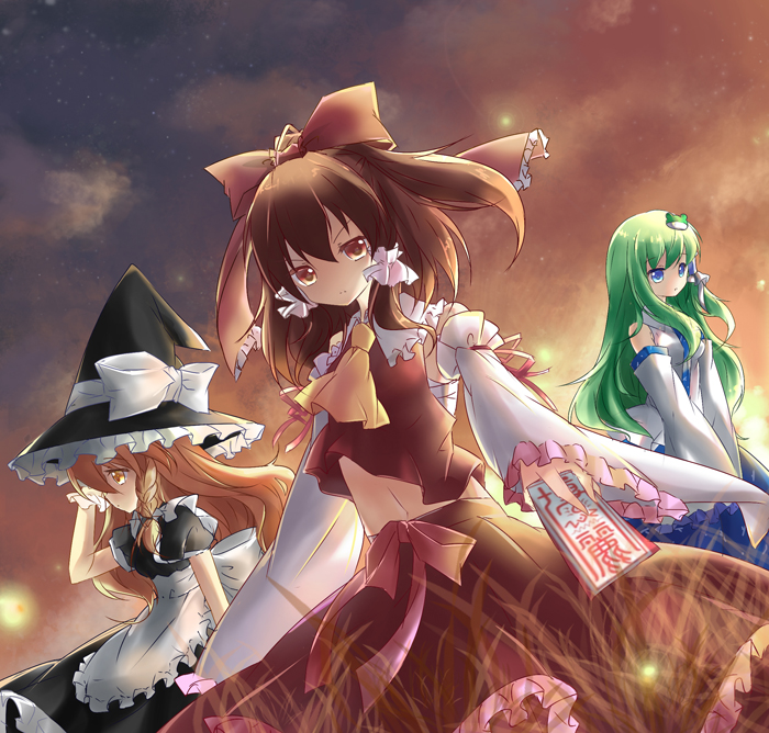 ascot bad_id bad_pixiv_id blonde_hair blue_eyes blush brown_eyes brown_hair frog green_hair hakurei_reimu hat kirisame_marisa kochiya_sanae long_hair multiple_girls pf snake talisman touhou witch_hat