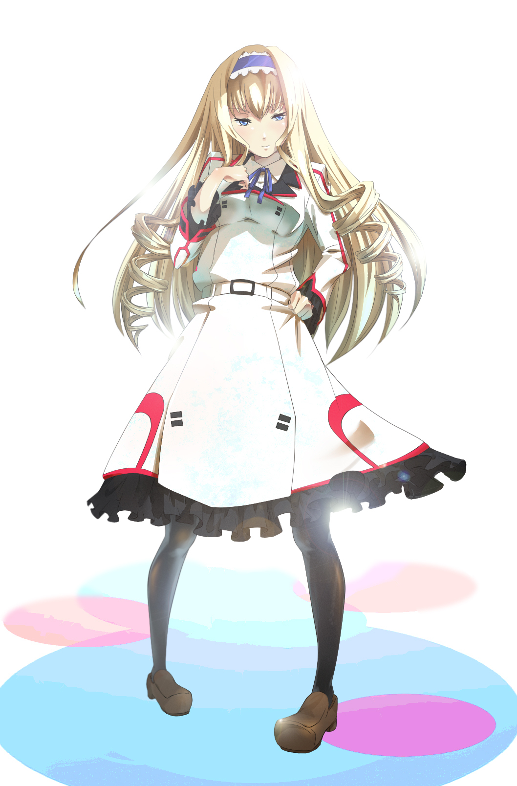 bad_id bad_pixiv_id belt belt_buckle black_legwear blonde_hair blue_eyes blue_hairband brown_footwear buckle cecilia_alcott curly_hair dress drill_hair full_body hairband hand_on_hip hand_on_own_chest highres infinite_stratos infinite_stratos_academy_uniform loafers lolita_hairband long_hair long_sleeves pantyhose school_uniform shinoha shoes solo standing white_belt white_dress