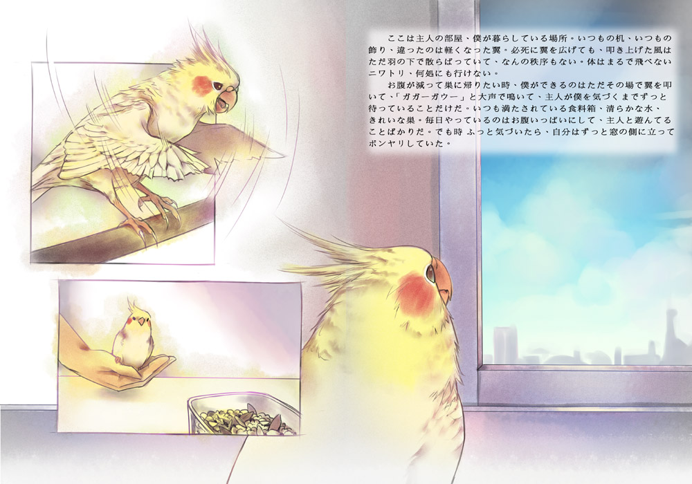 cockatiel comic era_(traveling_bird) hands original parrot translated window wings