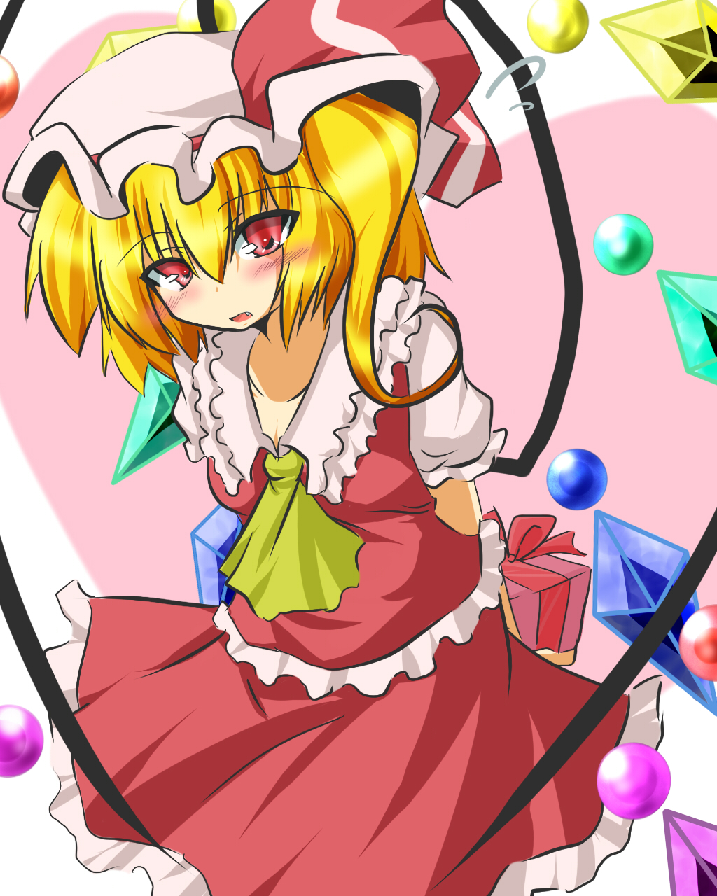 bad_id bad_pixiv_id blonde_hair blush bow crystal dress fang flandre_scarlet gift goma_(gomasamune) hair_bow hat highres open_mouth red_eyes short_hair shy side_ponytail solo sphere thighhighs touhou wings