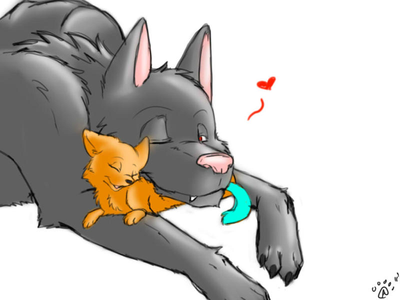&hearts; ambiguous_gender blue_tail bubble_kitten17 canine cub cuddle cuddling cute daww equine eyes_closed feather(artist) feather_chibika feral horse kengen kitten male mammal red_eye red_eyes size_difference smile wolf young