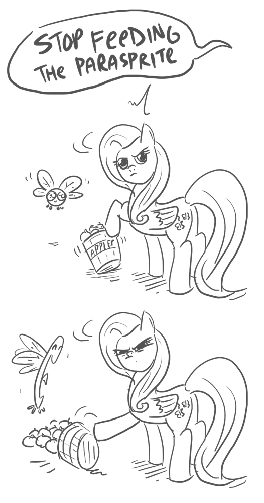 arthropod black_and_white bucket bug comic cutie_mark english_text equine female feral fluttershy_(mlp) friendship_is_magic fruit horse insect mammal monochrome my_little_pony parasprite_(mlp) parody pegasus plain_background pony stare text unknown_artist what white_background wings