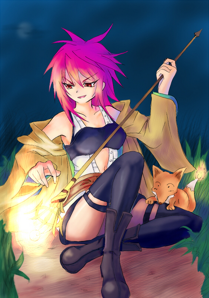 belt boots coat fire fox foxfire hiita hitodama open_mouth panties red_eyes red_hair thighhighs underwear yu-gi-oh!