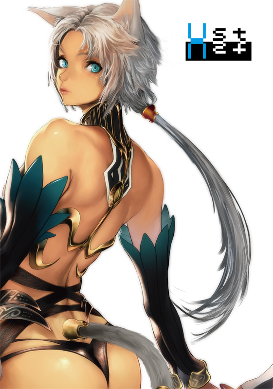 armor ass backless_outfit bad_id bad_pixiv_id bare_back bare_shoulders bikini_armor blue_eyes detached_sleeves from_behind kazakami_yuu lips long_hair looking_back nose original ponytail silver_hair simple_background solo tail