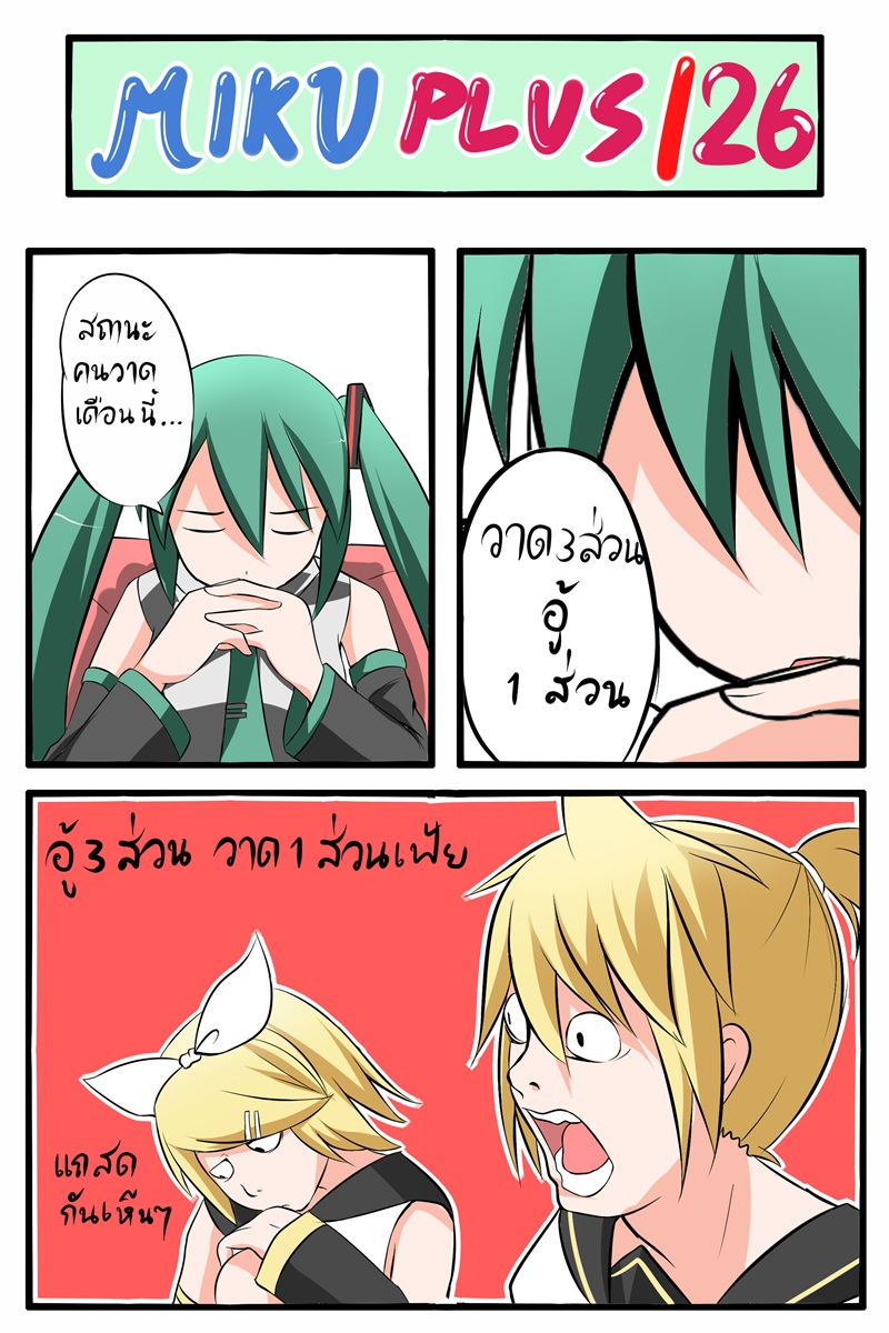 2girls blonde_hair catstudioinc_(punepuni) comic death_note gendou_pose green_hair hands_clasped hatsune_miku highres kagamine_len kagamine_rin multiple_girls own_hands_together parody siblings thai translated twins twintails vocaloid