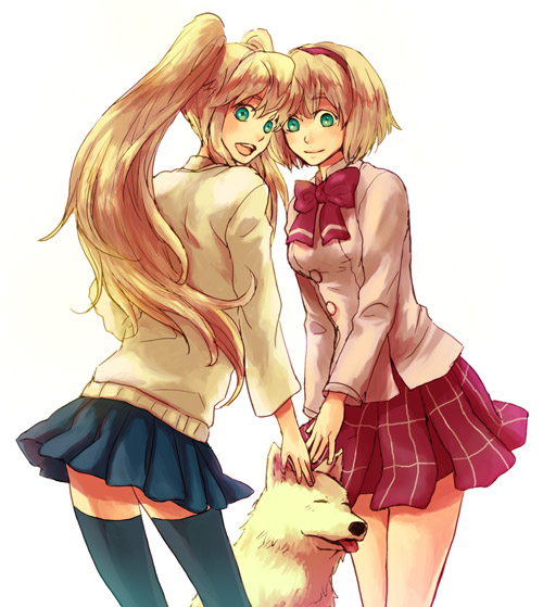 alexia_lynn_elesius bibako blonde_hair bow clarissa_arwin dog green_eyes hairband happy long_hair multiple_girls open_mouth pink_bow ribbon short_hair simple_background skirt smile sweater thighhighs tongue tony_(wild_arms) twintails white_background wild_arms wild_arms_xf zettai_ryouiki