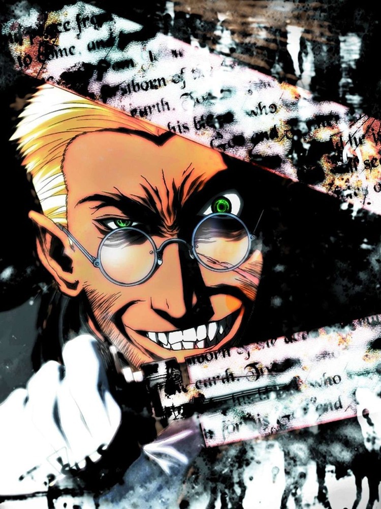alexander_anderson close-up glasses green_eyes hellsing male_focus non-web_source official_art scan scar smirk solo weapon
