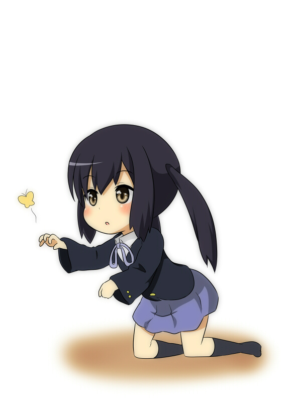 bad_id bad_pixiv_id black_hair brown_eyes bug butterfly chibi insect k-on! kneeling long_hair nakano_azusa school_uniform solo twintails ukami