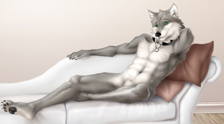 canine collar green_eyes jocarra male mammal nude sheath sofa solo wolf
