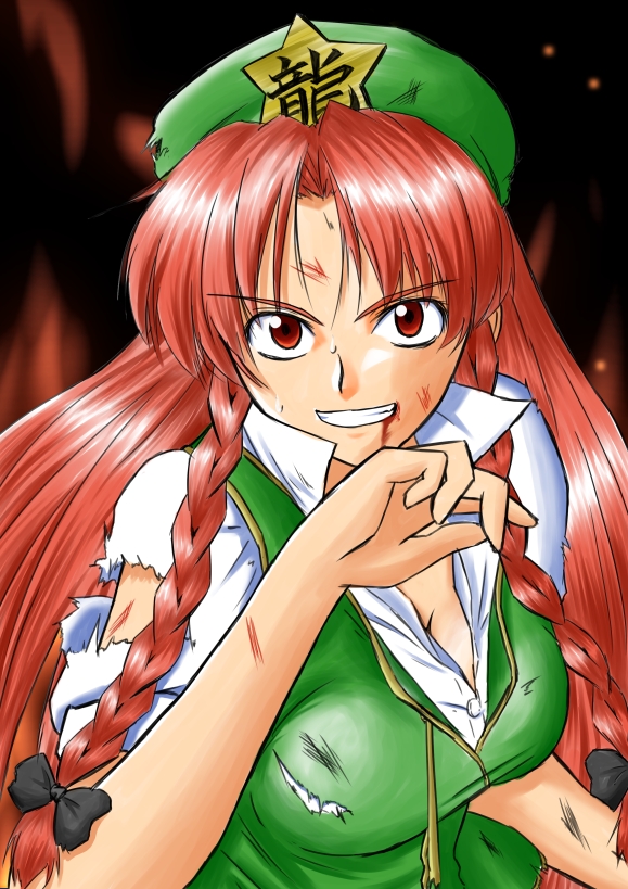 bad_id bad_pixiv_id blood bow braid chin_wiping grin hair_bow hat hong_meiling long_hair red_eyes red_hair shino-puchihebi smile solo torn_clothes touhou twin_braids