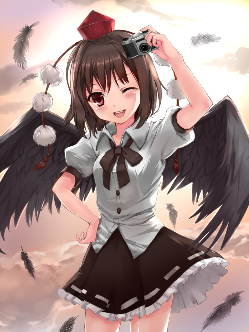 bad_id bad_pixiv_id bangs black_wings blush bob_cut bow bowtie brown_hair camera dress_shirt fang feathers hand_on_hip hat looking_at_viewer momoko_(momopoco) one_eye_closed open_mouth pom_pom_(clothes) shameimaru_aya shirt skirt smile solo sunset tokin_hat touhou wings