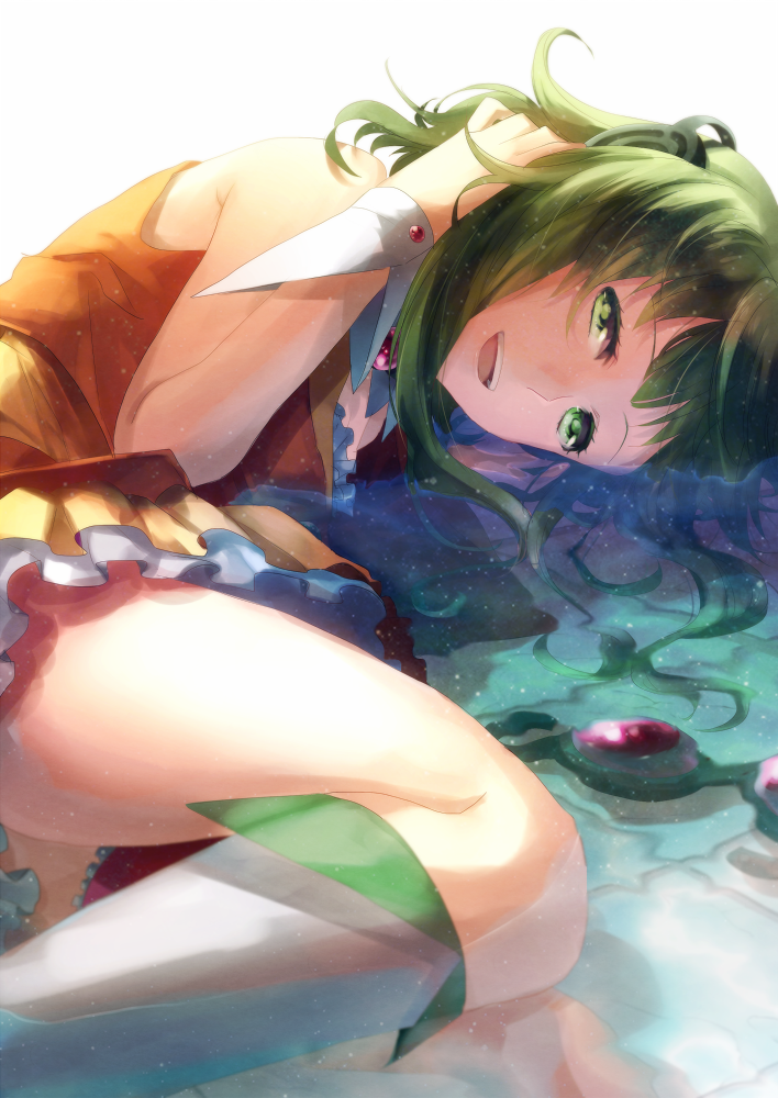 bare_shoulders boots goggles green_eyes green_hair gumi hand_on_own_head headphones leg_garter legs lying on_side open_mouth shion_(kizuro) short_hair skirt sleeveless smile solo submerged vocaloid water wet wet_clothes wrist_cuffs