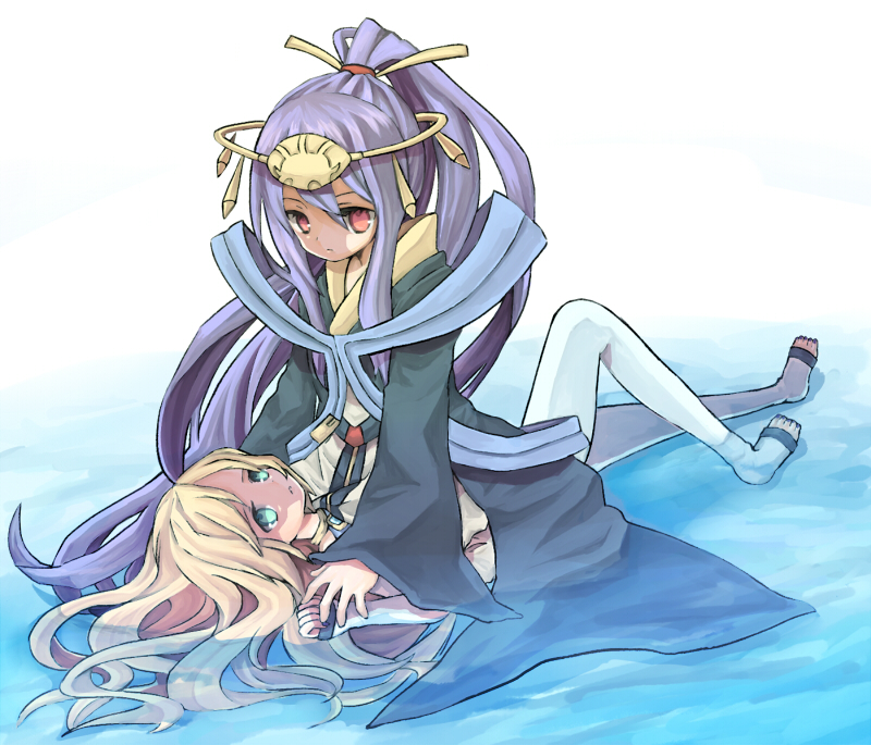 blazblue blonde_hair green_eyes koshou_(cochou) long_hair lying mikado_(blazblue) multiple_girls noel_vermillion on_back pinned purple_hair red_eyes water