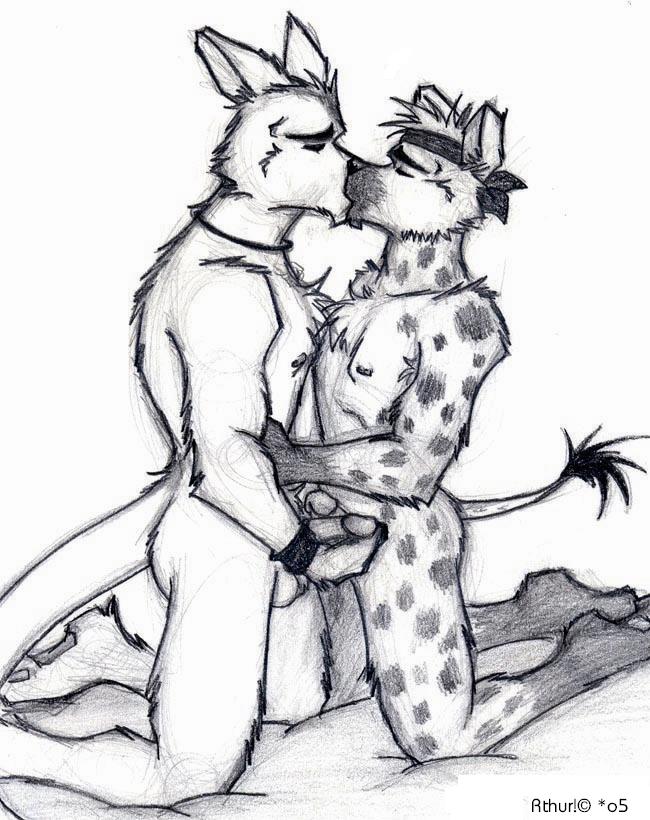 balls canine couple erection eyes_closed frottage gay greyscale hyena kangaroo kissing male mammal marsupial monochrome nude penis plain_background rthur sex tail white_background