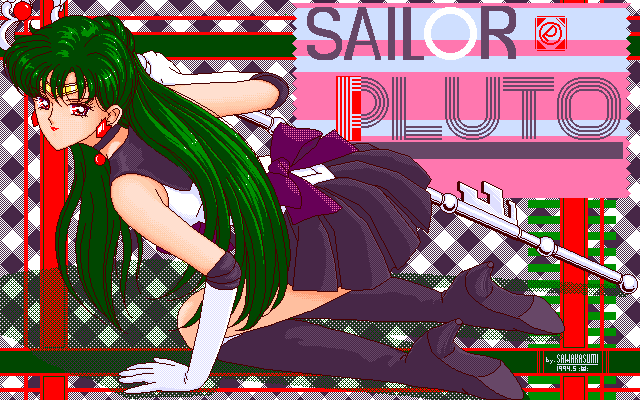 1994 4bpp 90s all_fours bishoujo_senshi_sailor_moon boots green_hair kneeling meiou_setsuna oldschool sailor_pluto skirt