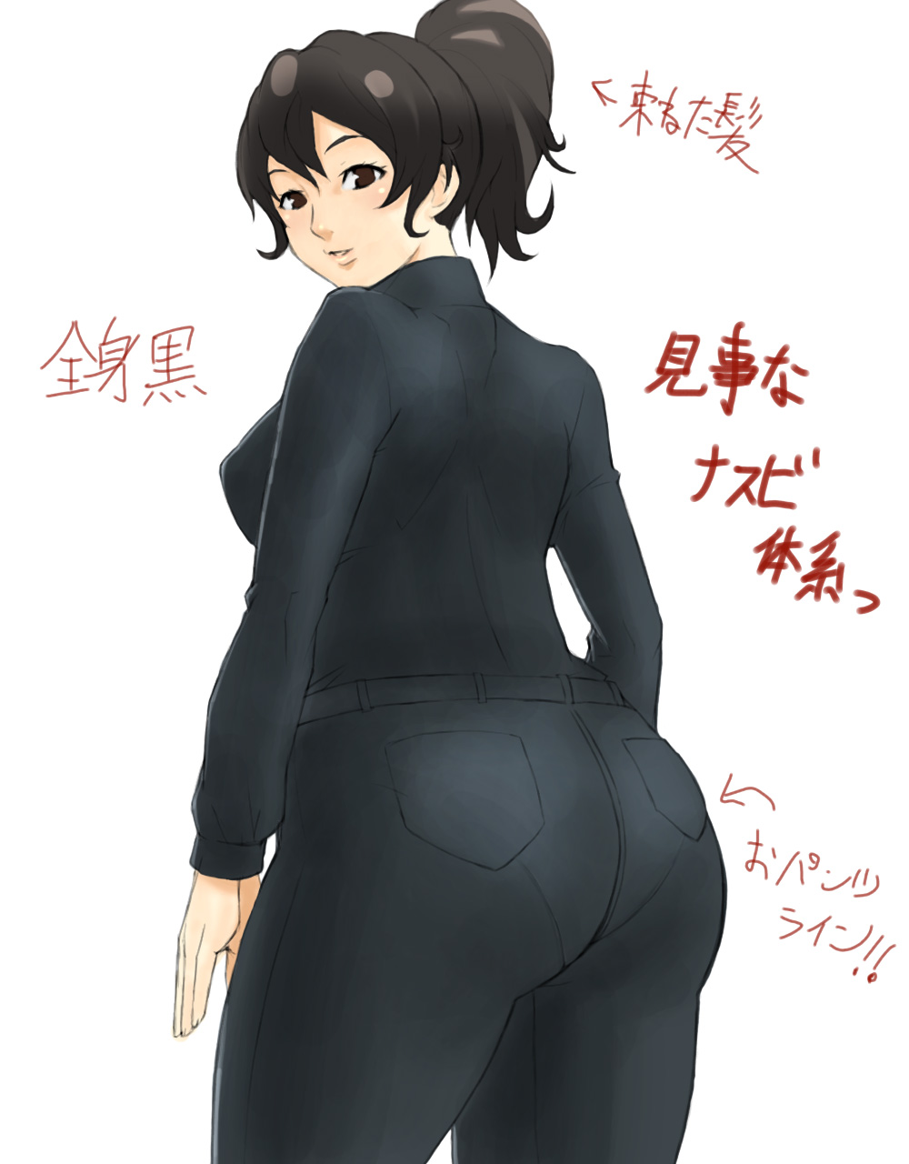 ass black_hair blush brown_eyes character_request copyright_request denim hero_(do-belman) highres jeans looking_back pants pantylines ponytail simple_background solo sweater translation_request