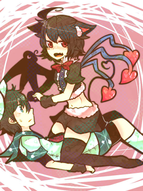 ahoge androgynous animal_ears asymmetrical_wings bad_id bad_pixiv_id black_hair black_legwear blush bow cat_ears checkered green_eyes hat head heart houjuu_nue itomugi-kun kemonomimi_mode midriff multiple_girls murasa_minamitsu navel reverse_trap sailor sailor_hat short_hair skirt straddling thighhighs touhou wings zettai_ryouiki