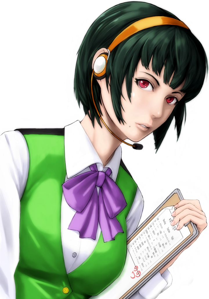 bow clipboard green_hair hairband headset idolmaster idolmaster_(classic) mole mole_under_mouth otonashi_kotori red_eyes short_hair simple_background solo upper_body yorimitsu