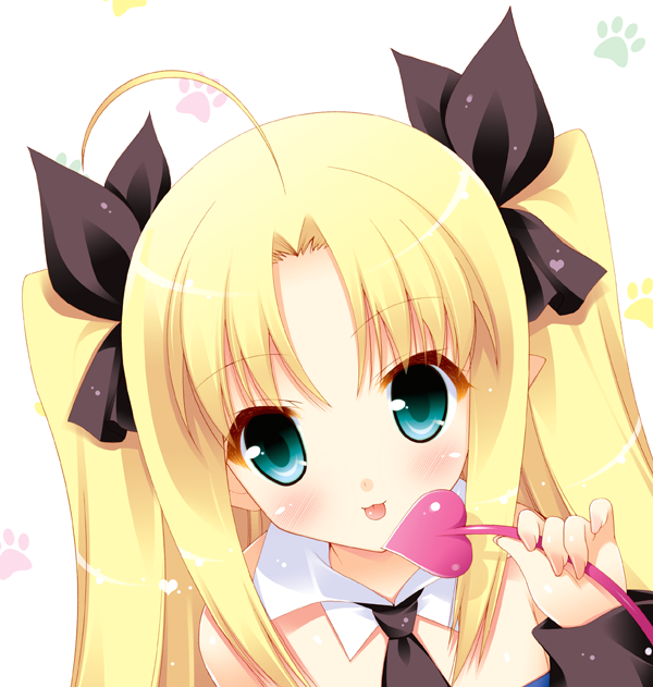 :p ahoge astarotte_ygvar blonde_hair blush bow demon_tail detached_collar green_eyes hair_bow long_hair lotte_no_omocha! pointy_ears shigunyan solo tail tongue tongue_out twintails