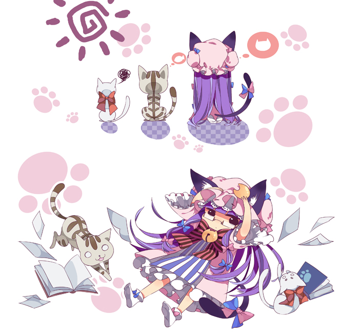 :3 animal_ears bad_id bad_pixiv_id bespectacled book bow cat cat_ears cat_tail chibi glasses hair_bow hat kemonomimi_mode long_hair o_o patchouli_knowledge paw_print purple_eyes purple_hair socks squiggle sun_(symbol) tail touhou ushi_(newrein)