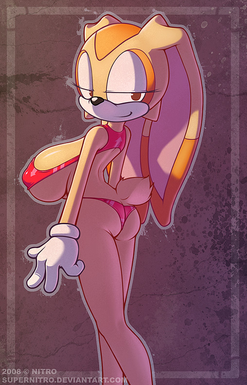 big_breasts bikini breasts butt clothed clothing cream_the_rabbit female gloves half-closed_eyes hedgehog looking_back looking_over_shoulder mammal nitro pose sega skimpy solo sonic_(series) standing swimsuit tail