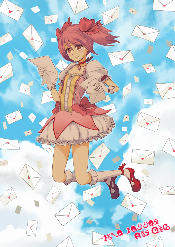 bad_id bad_pixiv_id blue_sky choker cloud flying gloves kaname_madoka kneehighs letter love_letter madoka_runes magical_girl mahou_shoujo_madoka_magica natsui_fuyu pink_eyes pink_hair puffy_sleeves reading red_choker shoes short_hair sky solo tears twintails white_gloves