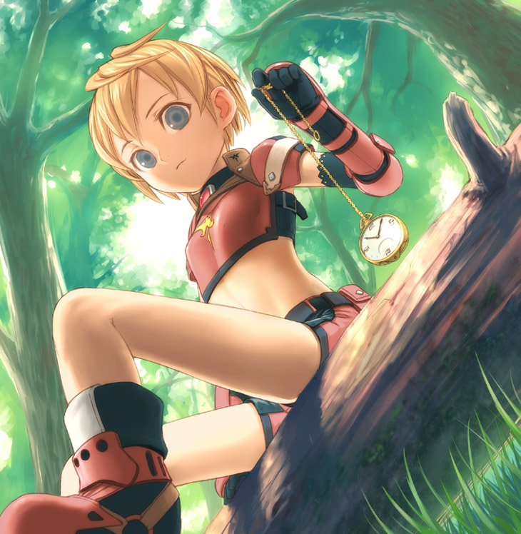 artist_request blonde_hair blue_eyes boots copyright_request forest gloves nature pocket_watch short_hair sitting solo watch