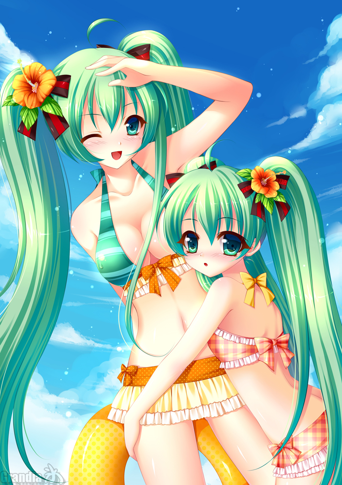 :o ;d ahoge bad_id bad_pixiv_id bikini blush breasts cleavage cloud day flower grandia_bing green_eyes green_hair hair_flower hair_ornament hair_ribbon hatsune_miku hibiscus hug innertube long_hair medium_breasts multiple_girls navel one_eye_closed open_mouth ribbon shading_eyes shiny shiny_skin sky smile striped striped_bikini striped_swimsuit swimsuit twintails very_long_hair vocaloid younger